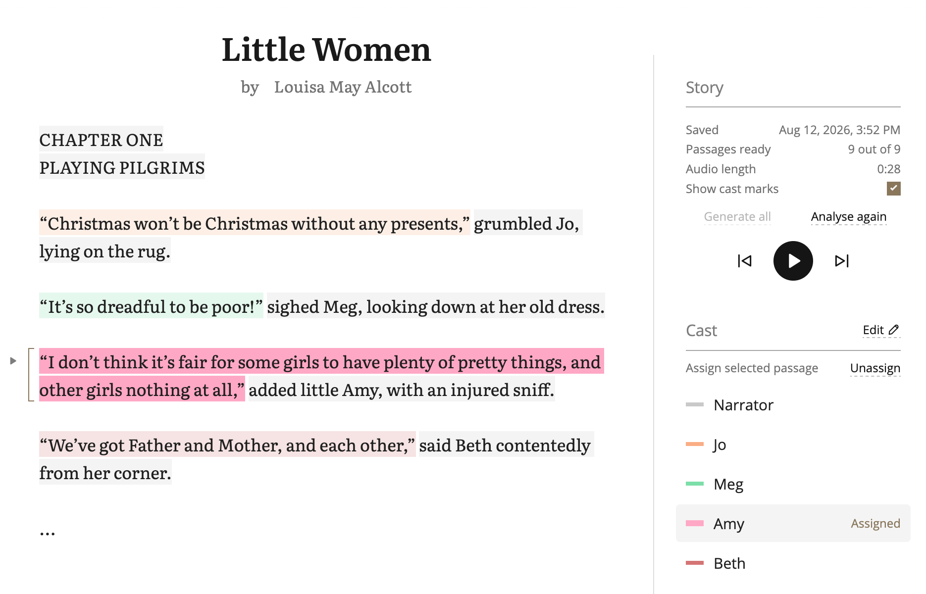 Dramatis reading view showing character-highlighted passages, cast assignments, and audiobook playback controls.