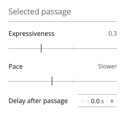 Selected passage panel with controls for expressiveness, pace, and delay