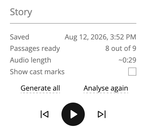 Story panel showing saved time, passage readiness, audio length, generation controls, and playback