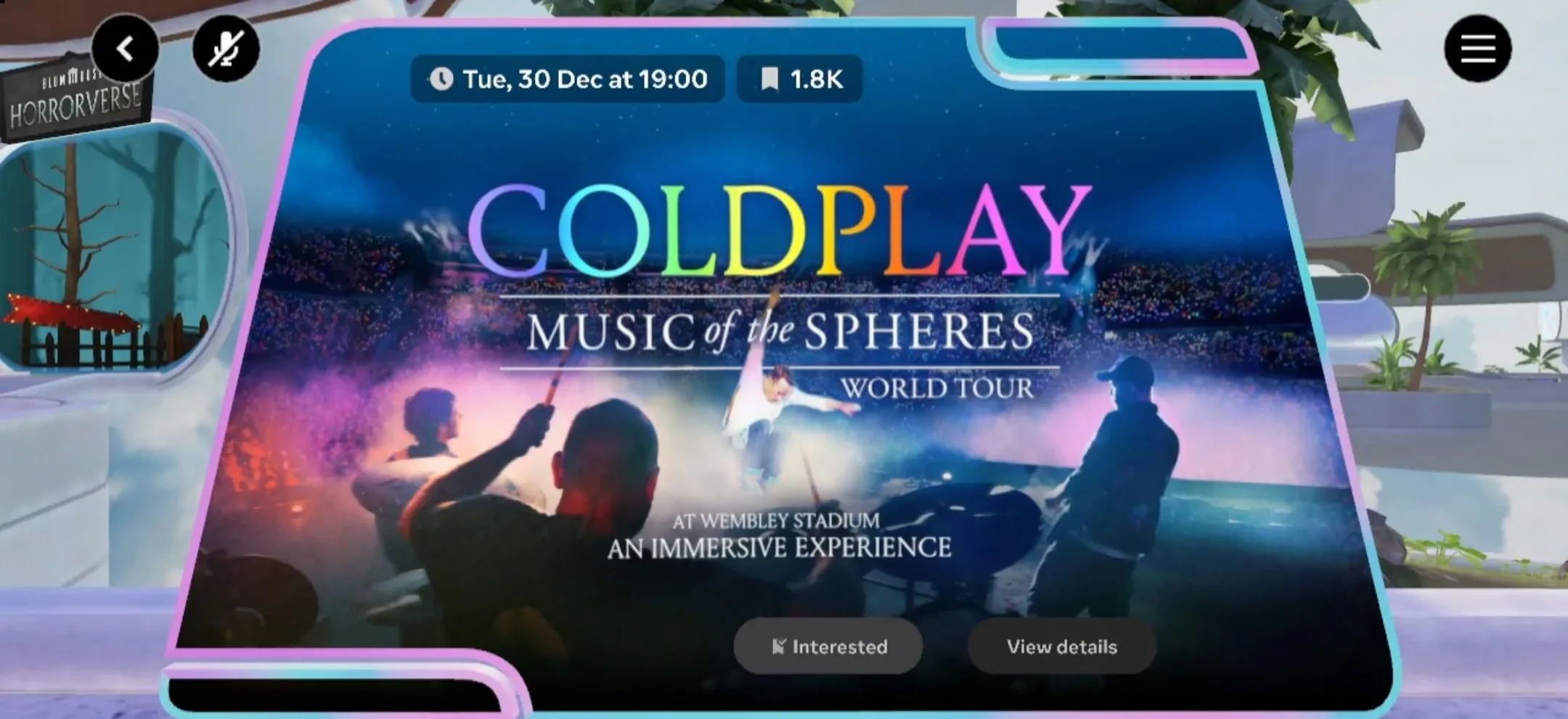 Coldplay event card in Horizon Worlds